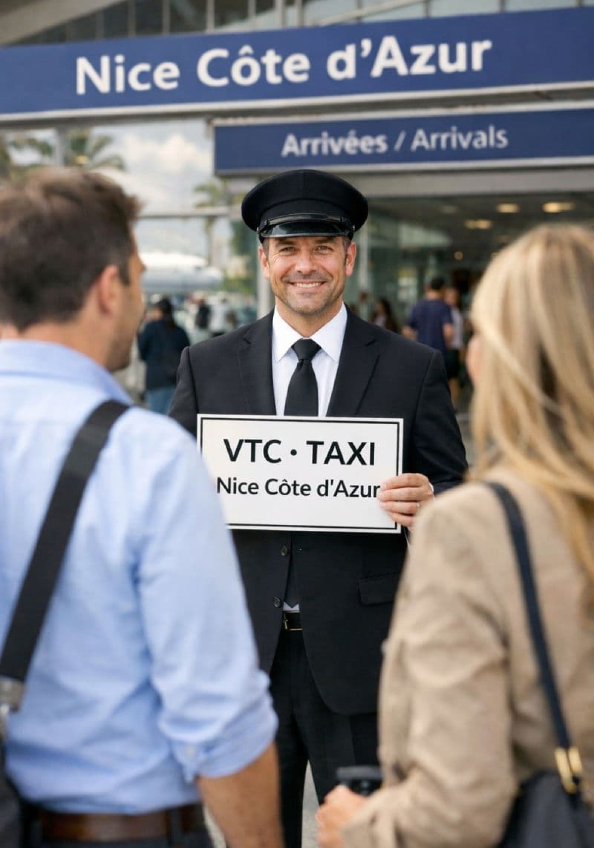 Chauffeur VTC et taxi accueillant des passagers à l’aéroport Nice Côte d’Azur